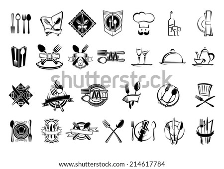 Food, restaurant and silverware icons, logo, emblems or symbols set with fork, spoon, napkin, plate, knife, cook chef hat, wine bottle, glass, cup, dish and teapot