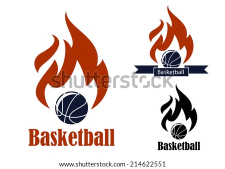 Basketball sport emblems with basketball ball, ribbon banner, fire and text Basketball, suitable for sporting symbols or logo design