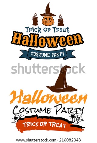 Halloween holiday party banners with pumpkins, witch hat, candle, spider and trick or treat signs. For Halloween design