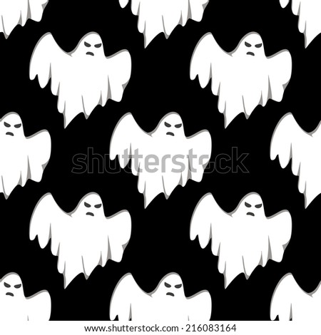 Night flying ghost Halloween seamless pattern, on black background for Halloween holiday design