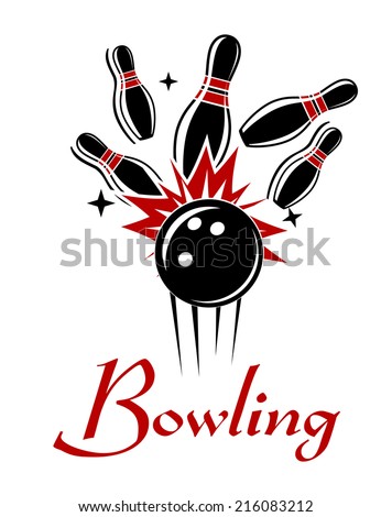 Expressive bowling emblem or logo with smashing ball and ninepins isolated on white colored background for sport or recreation design