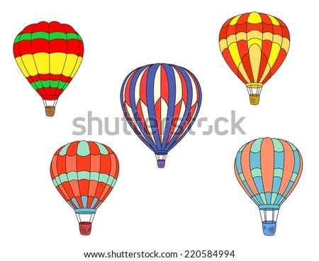 Colorful striped hot air balloons isolated on white background for travel and tourism design