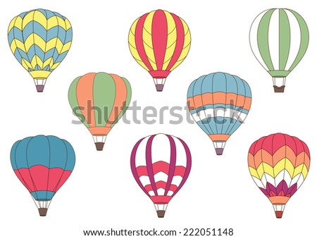 Flying cartoon colorful hot air balloons for journey, air adventure and tourism design with different patterns on the envelope