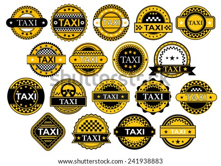 Labels, banners or emblems for taxi and public transportation service in checkered yellow and black colors with stars and text Taxi in retro style