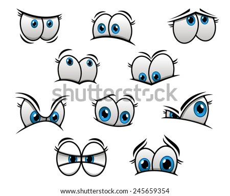 Cute cartooned big blue eyes with happy, fun, sad and angry emotions for creation of comic book characters