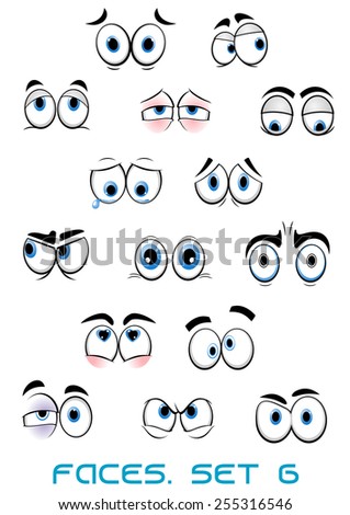 Cartoon blue eyes with eyebrows showing different emotions as happy, sad, angry, scared, surprised, love suited for comic book or avatar design