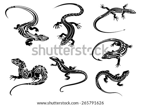 Black lizards reptiles with long curved tails decorated geometric ornament in tribal style suitable for tattoo or mascot design