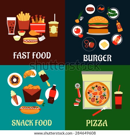 Fast food, burger, snack food and pizza flat icons depicting burger with ingredients, takeaway pizza box with soda, boxes of fried chicken with french fries, drinks and hot dogs