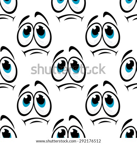 Offended cartoon faces seamless pattern with sad emotion expression with big blue eyes for comics background or textile design