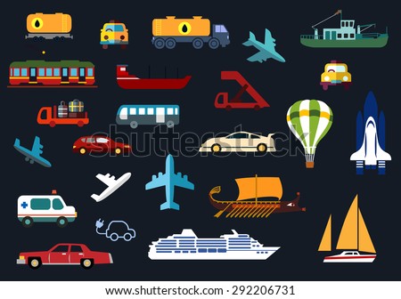 Transportation flat icons with airplanes, aircraft steps, hot air balloon, shuttle, bus, cars, taxi, ambulance, tank truck and wagon, electric train, yacht, barge, cruise liner, trawler and galley