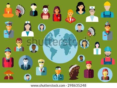 People flat avatars icons showing different  global professions both male and female grouped around a world map