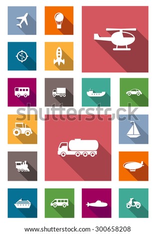 Air, land and water transportation flat icons with airplane, hot air balloon, bus, truck, car, barge, motorbike, tractor, helicopter, car tank truck, yacht, submarine, rocket and liner
