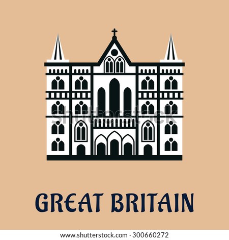 Great Britain architectural landmark flat icon of majestic cathedral church in gothic style with arched windows