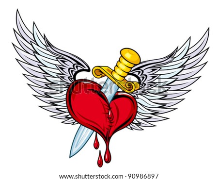 Heart Knife Tattoos on Vector   Heart With Sword And Wings In Retro Style For Tattoo Design