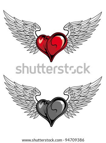 heart with wings for religion or tattoo design in color and desaturated