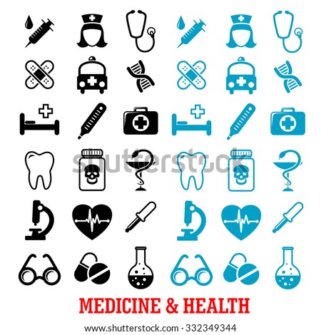 Medicine and health icons set with black and blue silhouettes of hospital and pharmacy signs, nurse, ambulance, first aid box, pills, syringe, stethoscope, heart ecg, tooth, glasses, dna, microscope