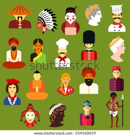 Multi-ethnic people icons with men and women of different  Chinese, Japanese, Indian, native American, German, Italian, french, Russian, British, Australian, Greek peoples. Flat style icons and avatars