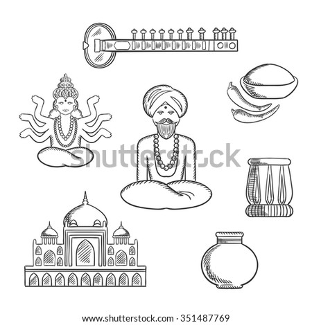 Indian culture and religion sketch icons