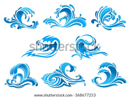 Sea and ocean waves icons set with blue water swirls, surf, splashes and flowing drops. Use as nature emblem, ecology symbol, summer vacation or travel design