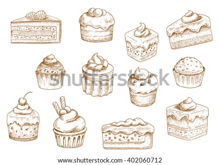 Sketches of scrumptious cupcakes and muffins in thin paper cups, berry pie and chocolate tiered cake, decorated by butter cream, fresh strawberries and cherries, chocolate drops and wafer tubes
