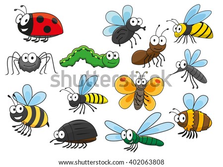 Cartoon bee and bug, butterfly and caterpillar, fly and ladybug, spider and mosquito, wasp and ant, bumblebee, dragonfly and hornet characters. Colorful funny insects for t-shirt print  design