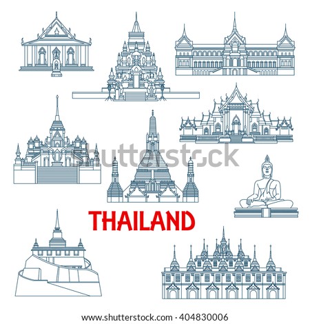 Thailand travel landmarks with Grant Palace and Big Buddha temple, White and Marble temples, Wat Saket temple and Laem Sor pagoda, Wat Sattahip, temple of dawn and temple of Golden Buddha. Thin lines