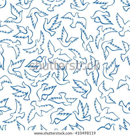 Seamless blue silhouettes of flying birds pattern with soaring flight of doves over white background. May be use as wallpaper or religion theme design