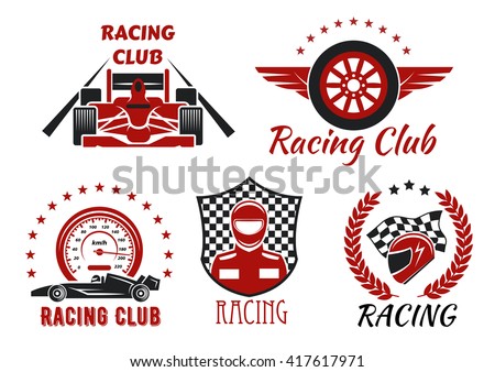 Racing club and motorsport competitions symbols with open wheel racing cars, racer, protective helmet and winged wheel, framed by speedometer, racing flag, checkered shield, laurel wreath and stars