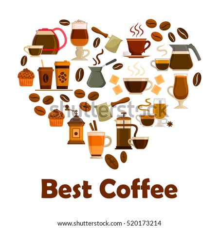 Coffee heart symbol with icons of coffee cup with espresso, cappuccino and latte drink, coffee bean, coffee pot, coffee maker, coffee grinder, cupcake dessert and chocolate. Cafe, coffee shop design