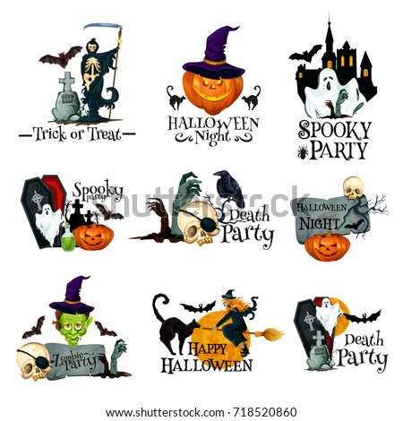 Happy Halloween icon of october holiday horror night party symbol. Halloween pumpkin in witch hat, spooky ghost, house and bat, skeleton skull, black cat, zombie and grave for Halloween emblem design