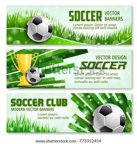 Soccer sport club 3d banner with ball and golden trophy. Football winner cup with soccer ball on green grass of stadium field for football championship match or soccer league tournament design