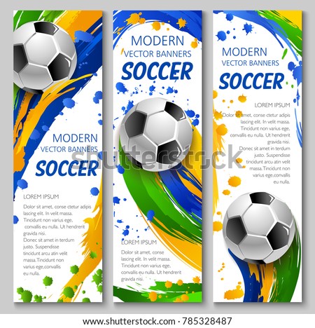 Soccer vector banners for football game competition and sport club template. Soccer ball flying with motion trail of colorful paint brush stroke, splashes and spots