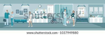 Medicine banners, doctors and hospital interiors health service room, people in the medical center vector