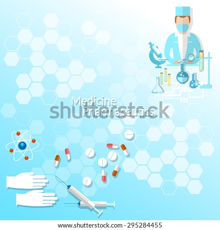 Health and Medicine doctor pharmacy laboratory research syringes medicines pills vector illustration