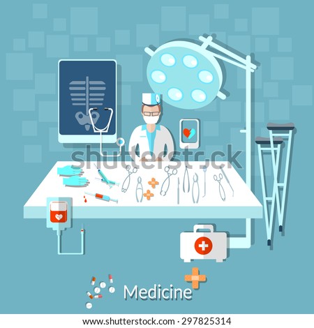 Health doctor operating room medical instruments treatment crutches pills drugs vector illustration