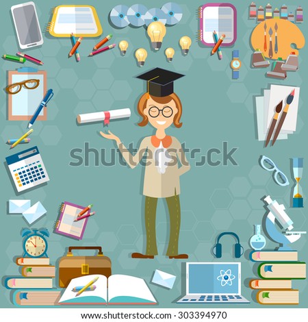 Back to school student education subjects textbooks notebooks learning lessons teacher calculator tools microscope computer learn university college vector illustration