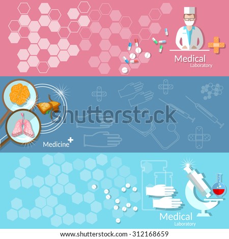 Medicine health care blood donation transplantation pharmaceutics research doctor medical instruments vector banners
