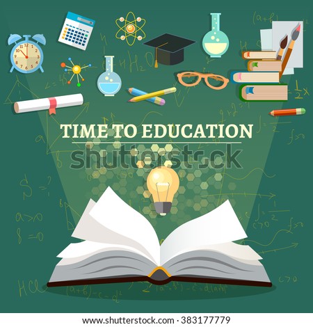 Time to education open book school subjects effective education power of knowledge back to school vector illustration