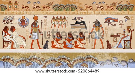 Ancient egypt scene. Hieroglyphic carvings on the exterior walls of an ancient egyptian temple. Grunge ancient Egypt background. Hand drawn Egyptian gods and pharaohs. Murals ancient Egypt.
