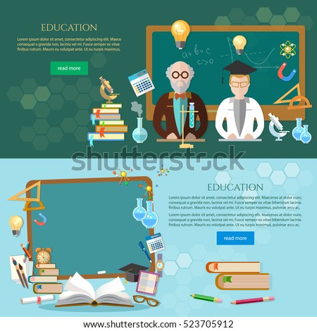Education banner, student and teacher, blackboard. Back to school template. Education vector