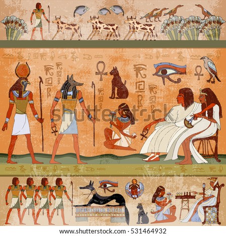 Ancient egypt scene. Murals ancient Egypt. Hieroglyphic carvings on the exterior walls of an ancient egyptian temple. Grunge ancient Egypt background. Hand drawn Egyptian gods and pharaohs