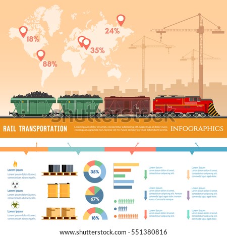 Freight trains infographics. Train transportation, cargo wagons. Global train logistics. Transportation of coal, oil, gas, sand. Railway cargo transport