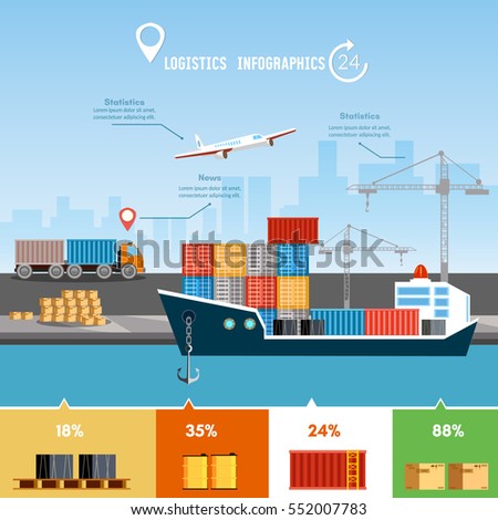 Global delivery concept logistics set of air cargo trucking rail transportation maritime shipping. Shipping port vector.  Sea transportation logistic infographics.