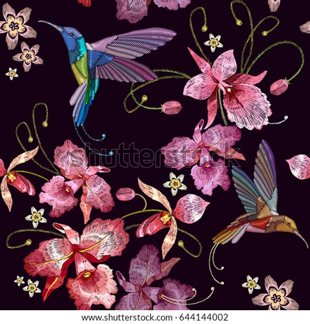 Humming bird and orchid exotic tropical flowers seamless pattern. Template for clothes, embroideries, t-shirt design. Beautiful classical embroidery, humming-bird, orchids flowers