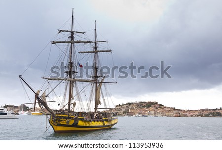 Old sailing vessel in port of Portoferraio, island of Elba, Italy