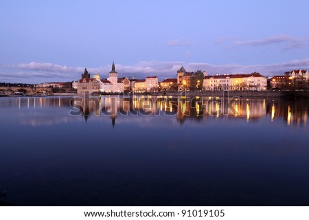 Prague center at sundown, river Vltava