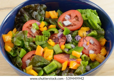 Closeup of Salad in blue bowl with red leaf lettuce, sliced tomatoes and chopped green onions, green and orange chopped bell peppers