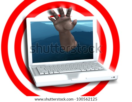 Hand reaching out of Laptop screen.