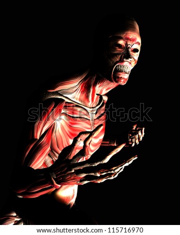 Angry anatomical skinned male figure.