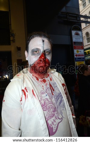 LONDON - OCTOBER 13: Unidentified man dresses as zombie celebrates World Zombie Day London 2012 on October 13, 2012 in London, England.